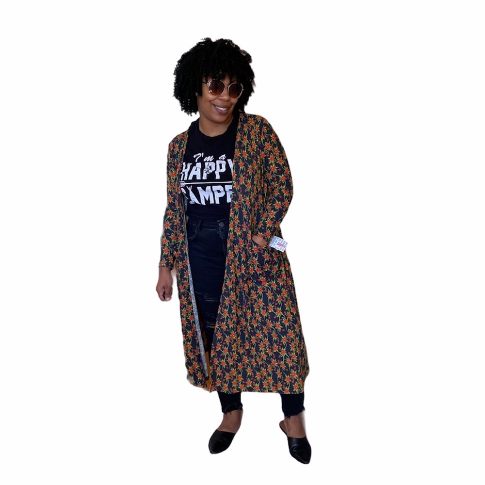 LuLaRoe Duster Cardigan Dark Floral Print Sarah Ribbed Midi Length NEW